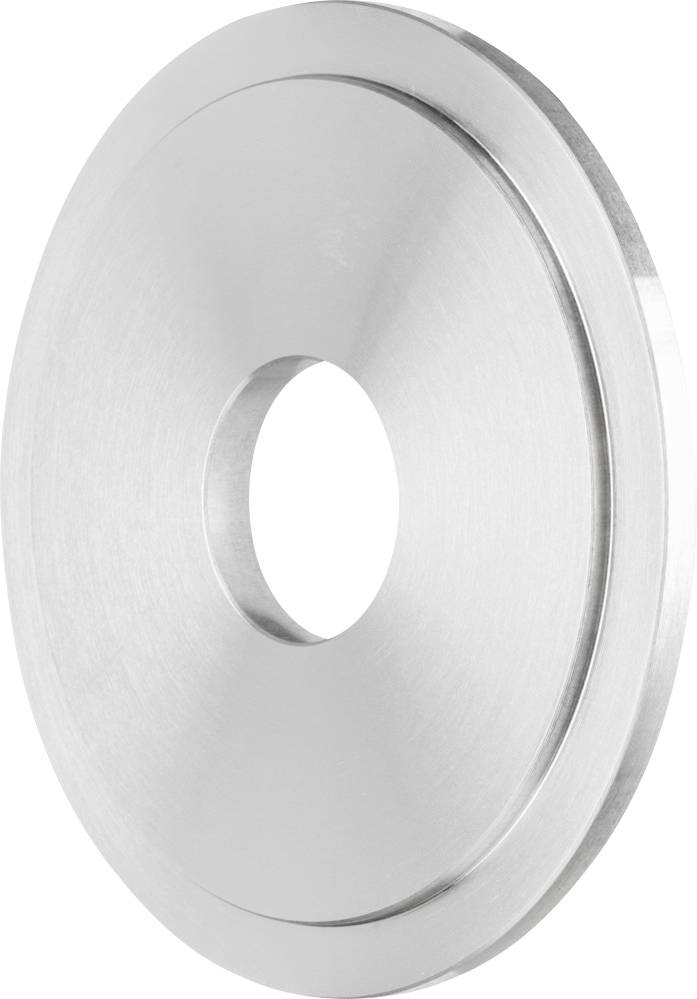 Pièce circulaire en acier inoxydable avec un trou au centre, ressemblant à une grande rondelle.