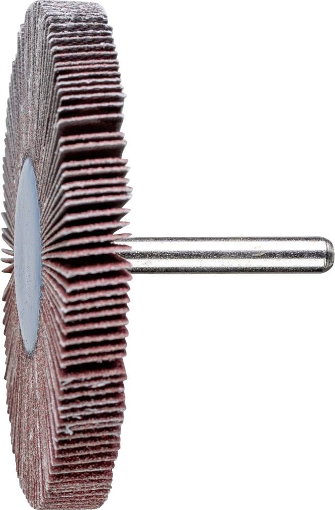 Gros plan sur un disque abrasif avec des lamelles radiales et une tige métallique. Adapté pour le traitement de surface.