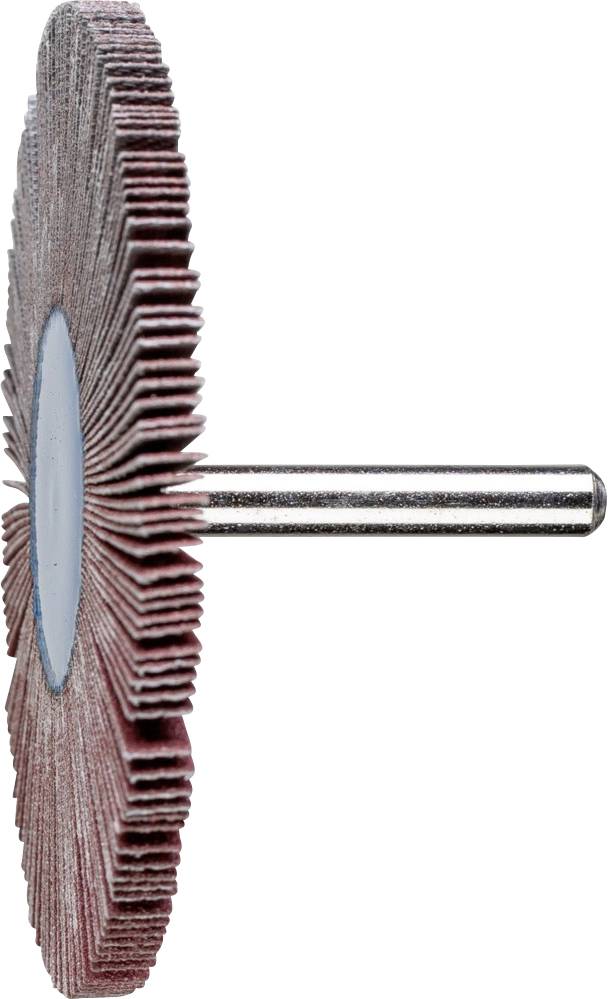 Outil de meulage circulaire en forme d'éventail, composé de lamelles abrasives superposées, fixé sur une tige métallique pour des outils rotatifs.