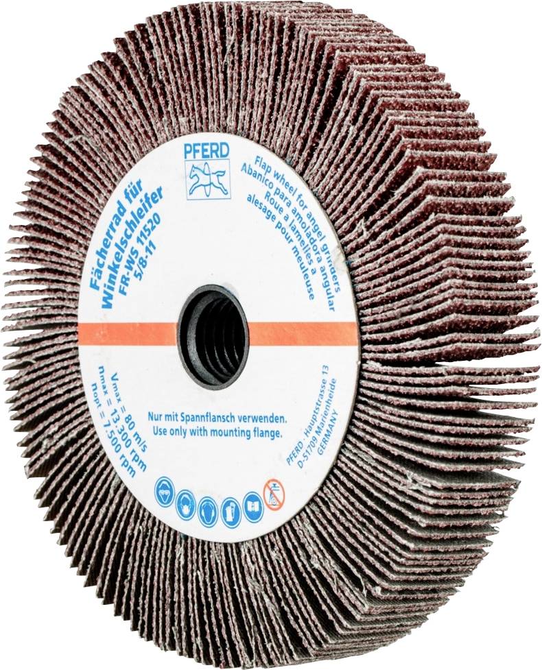 Disque à lamelles abrasives avec disposition rouge en éventail. Inscription : « Pour meuleuse d'angle ». Logo PFERD visible.