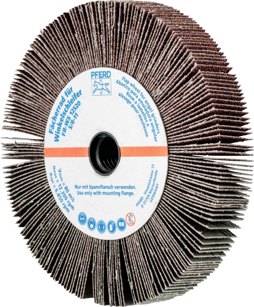 Disque à lamelles pour meuleuse d'angle, texte principal sur le disque : 'Disque à éventail pour meuleuse d'angle max 13300 125x20.'