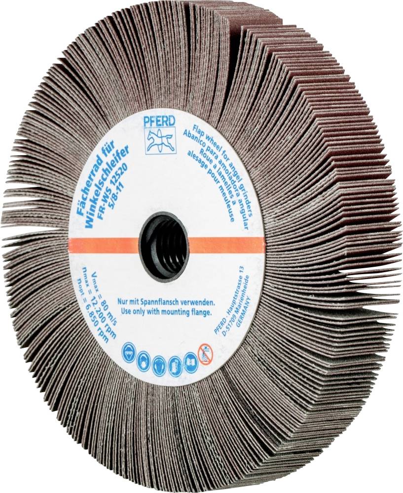 Meule abrasive 'Schleifrad von Pferd 53290' avec des lamelles brunes pour le traitement des surfaces métalliques. Structure circulaire avec un alésage central.