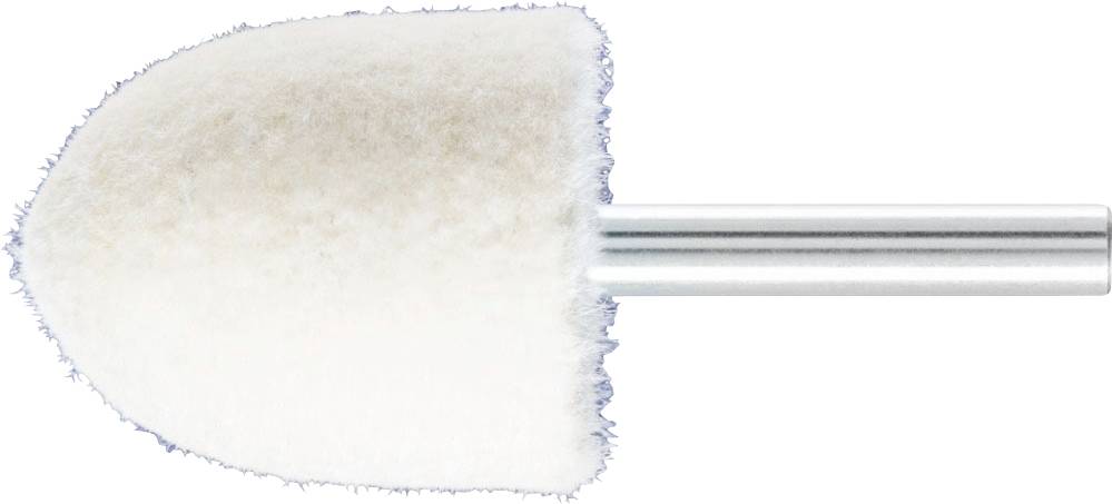 Embout de polissage en forme de cône, blanc, monté sur une tige argentée. Idéal pour polir les surfaces.