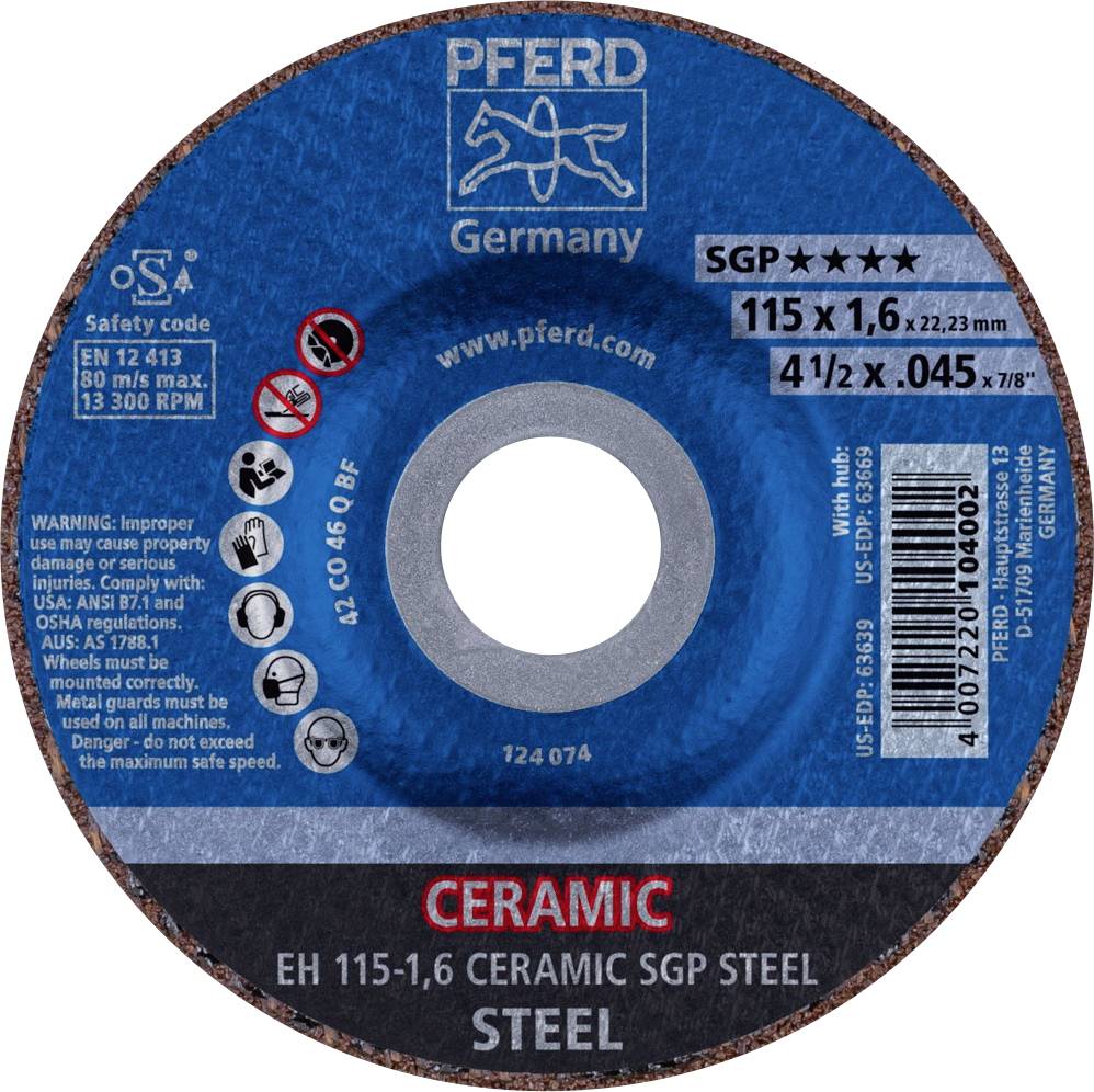 Disque à tronçonner PFERD pour acier, diamètre de 115 mm, épaisseur de 1,6 mm. Adapté à une vitesse maximale de 80 m/s à 13 300 tr/min.