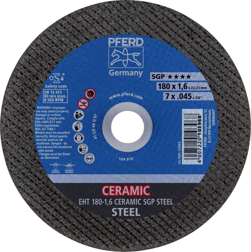 Disque à tronçonner portant l'inscription 'PFERD Germany' et 'CERAMIC', 180 x 1,6 mm pour l'usinage de l'acier, détails techniques et consignes de sécurité.