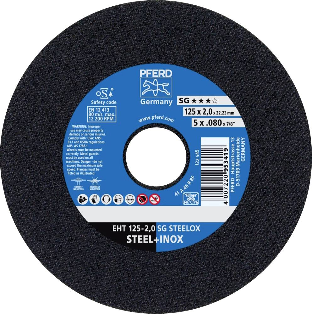 Disque à tronçonner noir avec étiquette bleue, inscription : 'PFERD Germany SG STEELOX, 125 x 2,0 mm, STEEL + INOX'. Informations de sécurité et sur le produit.