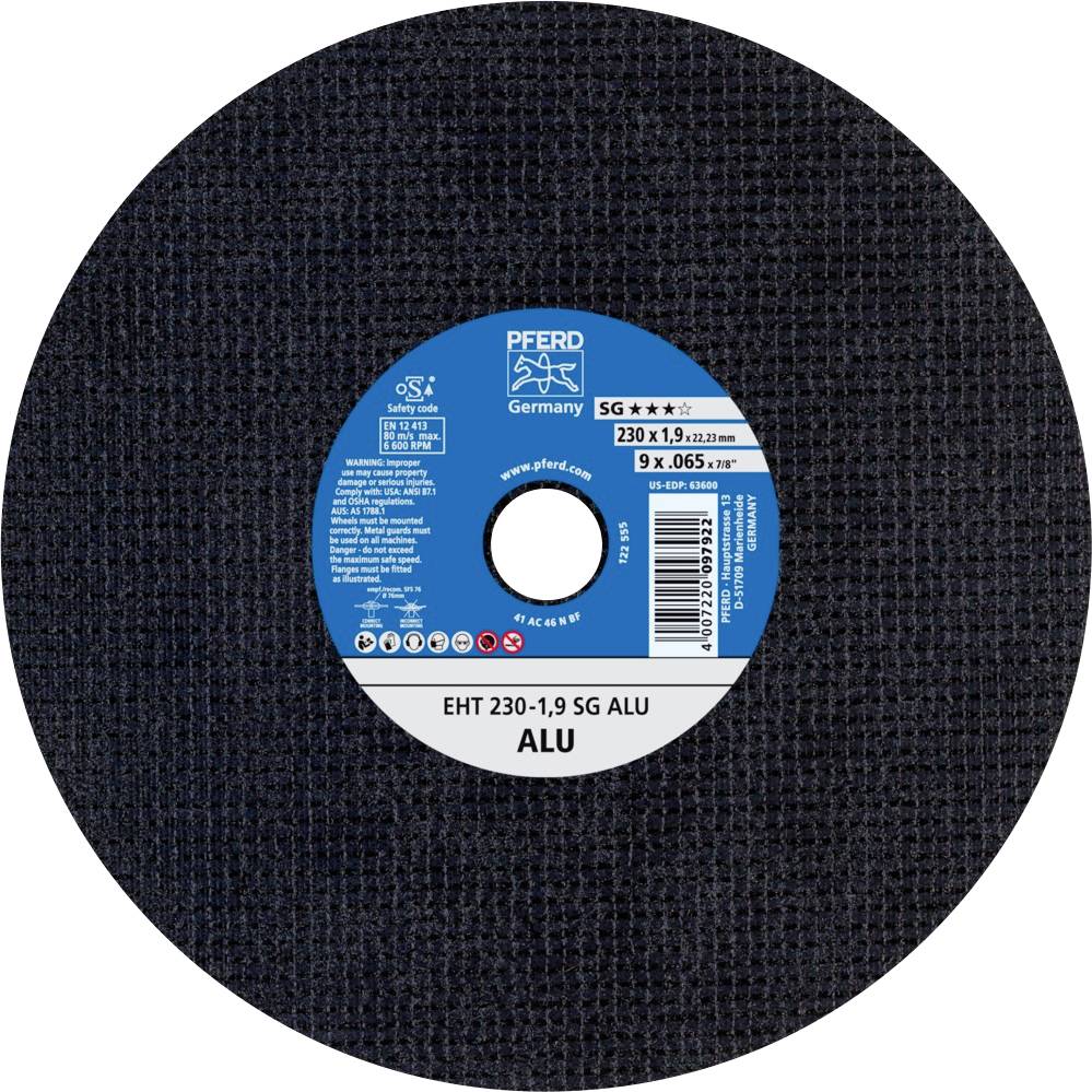 Disque à tronçonner avec inscription : PFERD Allemagne, 230 x 1,9 mm, SG ALU, adapté pour l'aluminium.