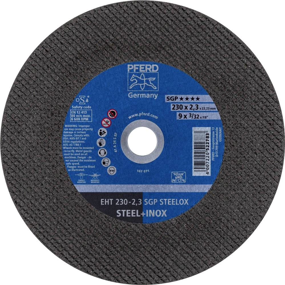 'Disque à meuler de la marque PFERD, modèle SGP Steelex, 230 mm, adapté pour l'acier et l'inox.'