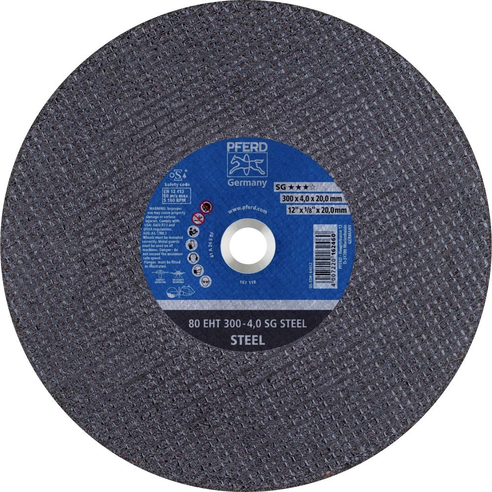 Disque abrasif circulaire avec étiquette : 'Pferd Germany', 300 x 4,0 x 20,0 mm. Usage : usinage de l'acier.