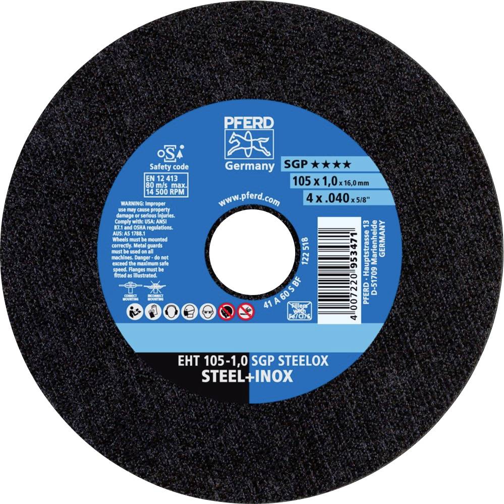 Disque à meuler portant l'inscription 'PFERD Germany SGP' avec des détails techniques, adapté pour l'acier et l'inox. Vitesse maximale : 80 m/s.