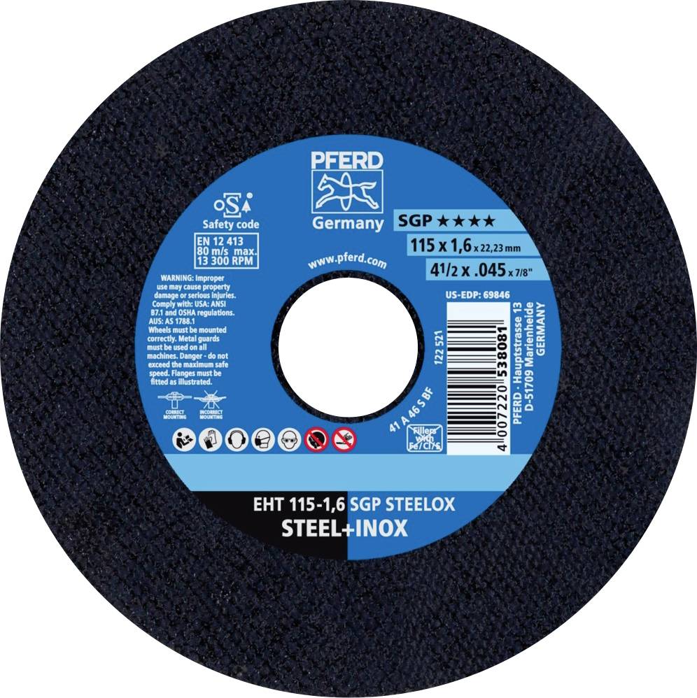 Disque à tronçonner 'PFERD' avec inscription 'SGP ***' pour acier et inox, diamètre 115 mm, épaisseur 1,6 mm, consignes de sécurité et d'utilisation illustrées.