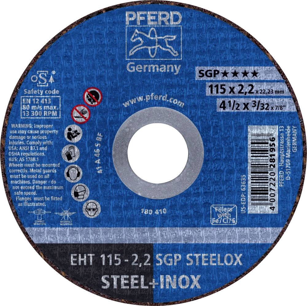 Disque à tronçonner de la marque 'PFERD' pour acier et acier inoxydable, dimensions : 115 x 2,2 mm. Informations de sécurité et normes indiquées.