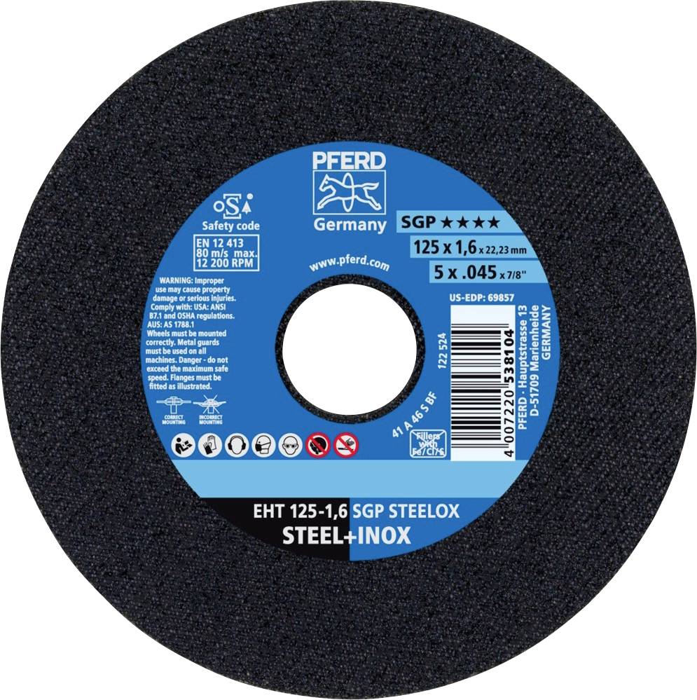 Disque à tronçonner 'PFERD SGP STEELOX'. Diamètre 125 mm, épaisseur 1,6 mm. Adapté pour les travaux sur acier. Norme de sécurité OSA.