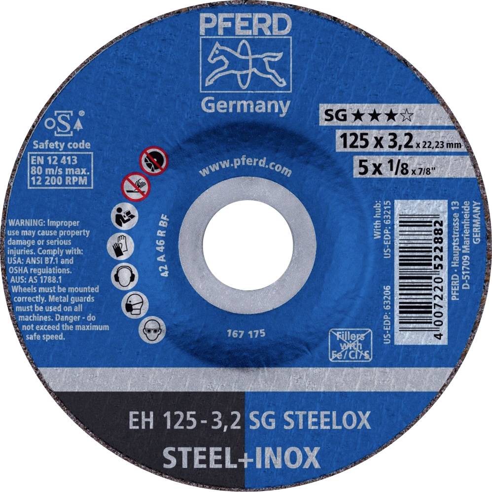PFERD TOOLS EH 125-3,2 SG STEELOX 61333432 Disque à tronçonner à moyeu déporté 125 mm 25 pc(s) acier inoxydable, acier