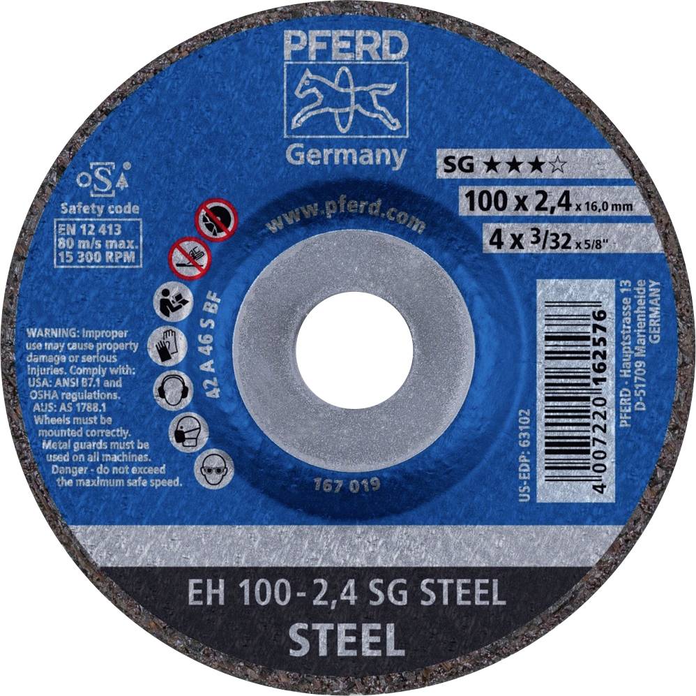 Une meule PFERD avec des indications de sécurité, des spécifications telles que 100 x 2,4 mm, adaptée à l'acier SG, vitesse de rotation maximale de 15 300 tr/min.