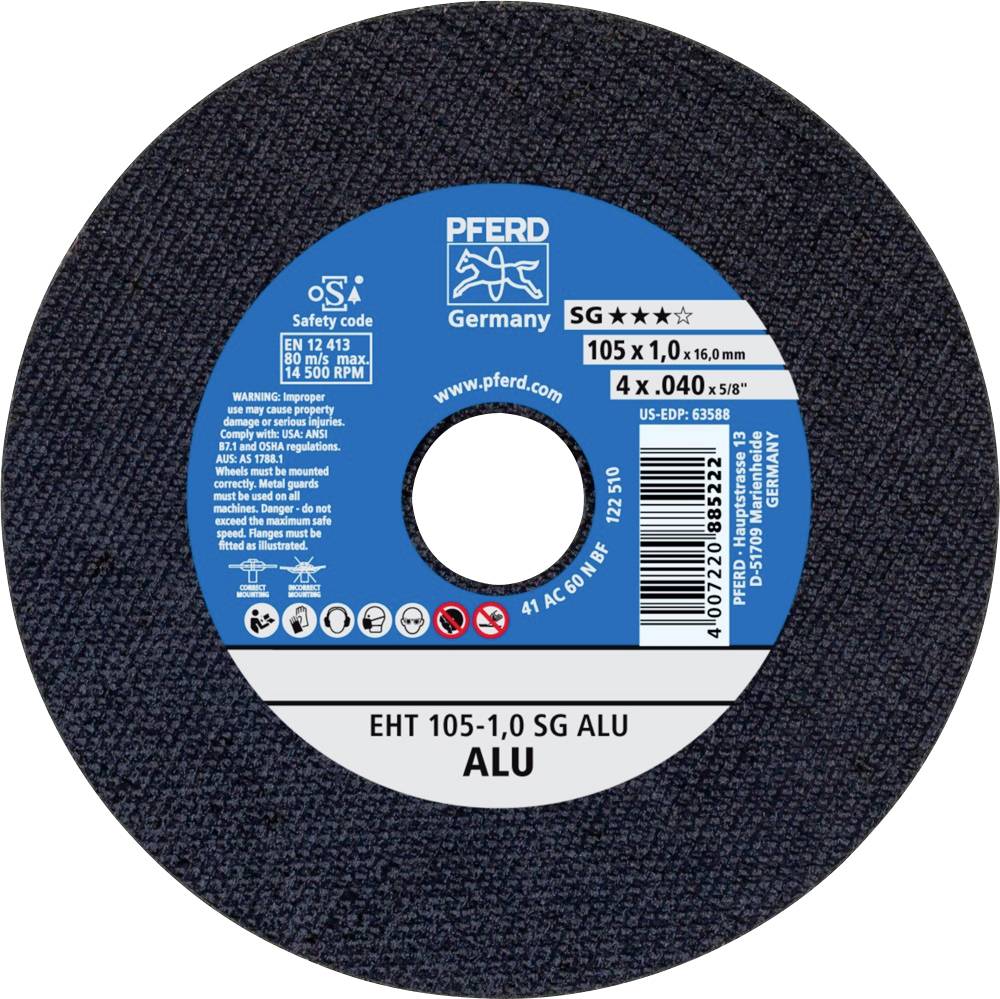 Disque à tronçonner de la marque 'PFERD' pour aluminium, diamètre 105 mm, épaisseur 1,0 mm. Informations de sécurité et d'utilisation sur l'étiquette.