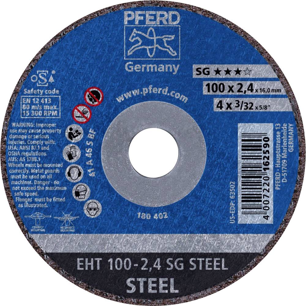 Disque à meuler PFERD pour acier, modèle EHT 100-2,4 SG, 100x2,4 mm. Contient les instructions de sécurité et d'utilisation.