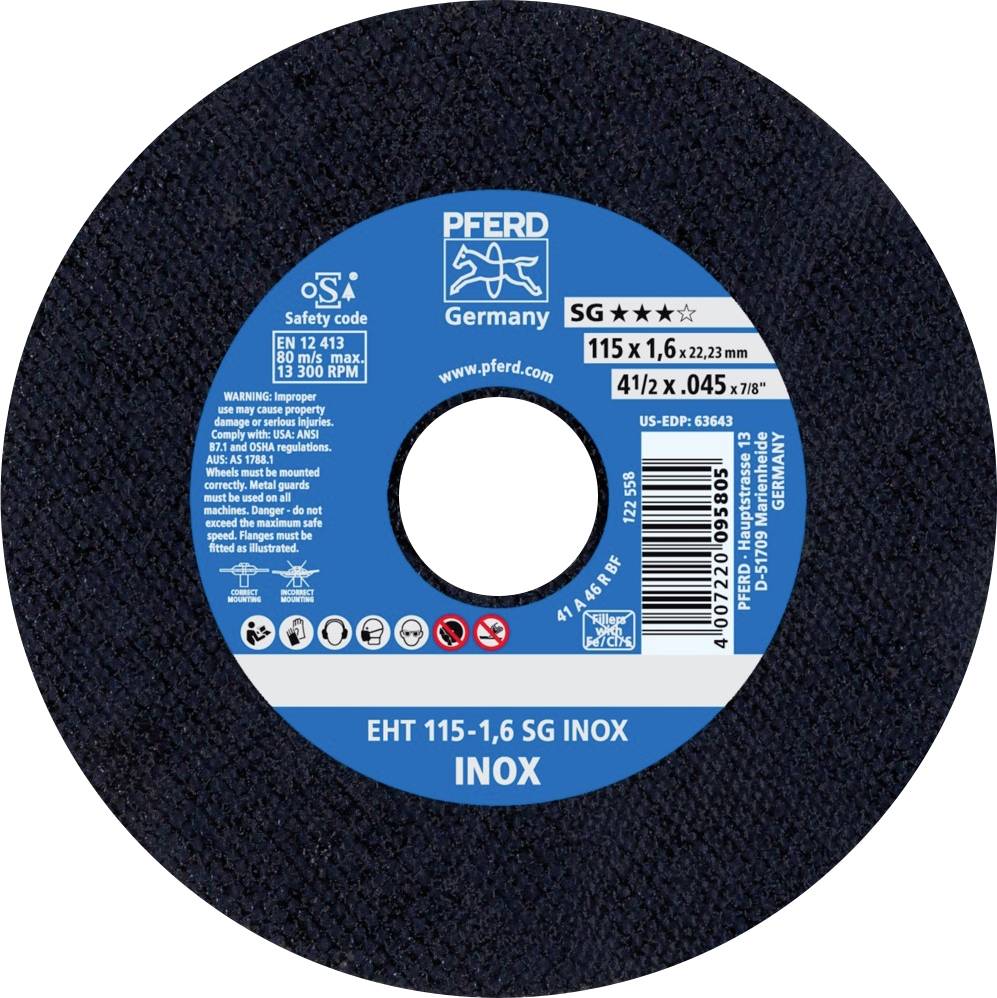 Disque à meuler de PFERD Germany avec étiquette bleue, indiquant les spécifications techniques : diamètre 115x1,6 mm, adapté pour l'INOX.