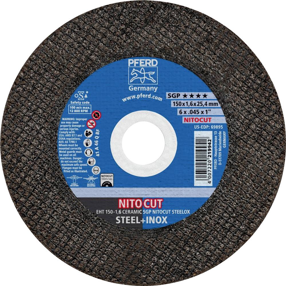 PFERD EHT 150-1,6 CERAMIC SGP NITOCUT STEELOX/25,4 61342163 Disque à tronçonner 150 mm 25 pc(s) acier inoxydable, acier
