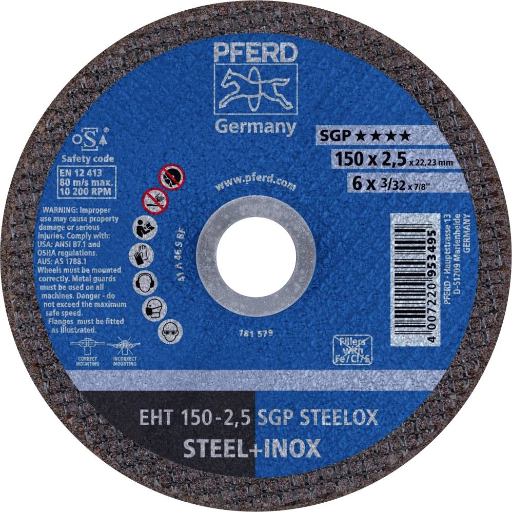 Disque à tronçonner portant l'inscription 'PFERD Germany', dimensions 150 x 2,5 mm pour acier et acier inoxydable, vitesse max. 80 m/s, 6.660 tr/min.