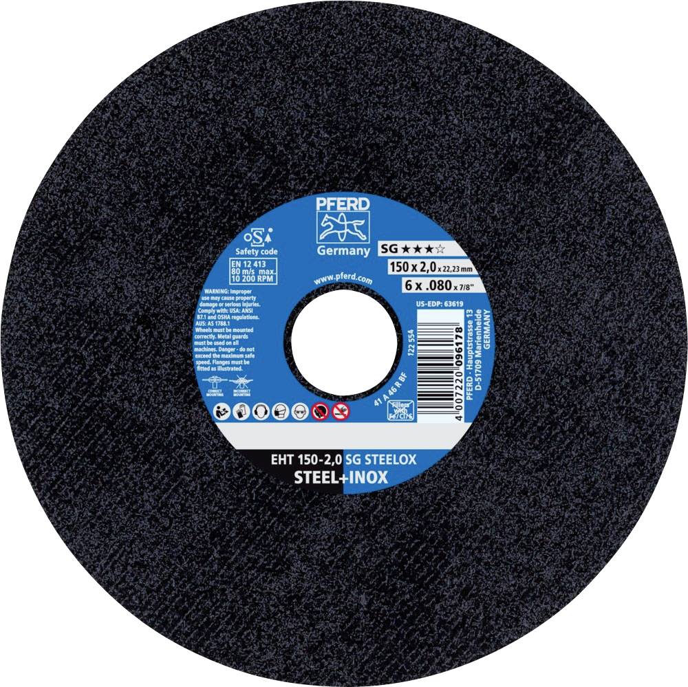 Disque à meuler noir avec étiquette bleue. Marque 'Pferd', pour acier inoxydable, taille 150 x 2,0 mm, informations de sécurité illustrées.