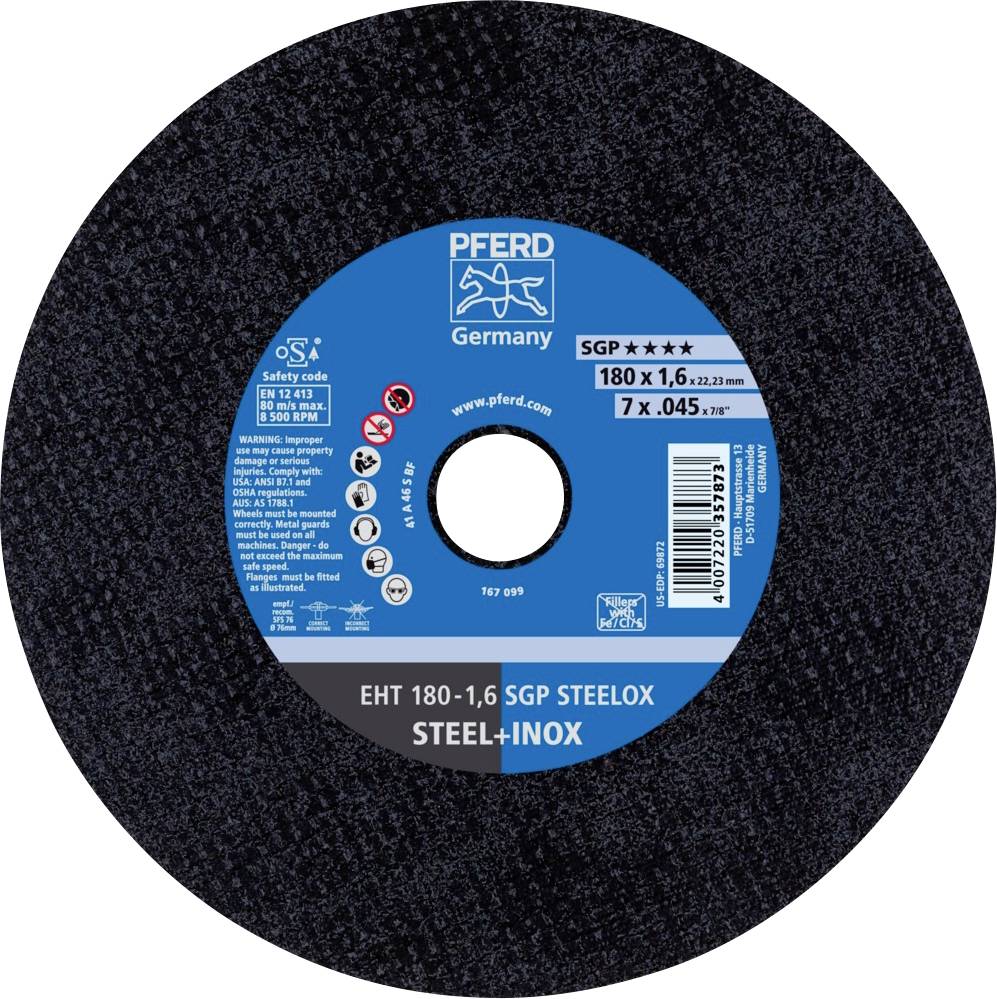 Disque à meuler de PFERD Germany, modèle SGP STEELOX. Diamètre 180 mm, épaisseur 1,6 mm, adapté pour l'acier et l'acier inoxydable.