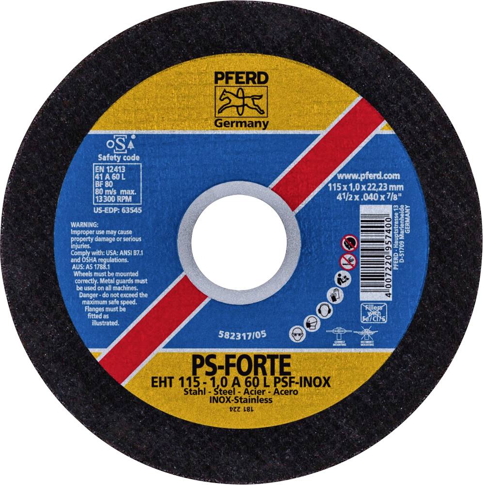 Disque abrasif 'PFERD', modèle 'PS-FORTE', pour la coupe de l'acier inoxydable. Contient le code de sécurité, les dimensions et les spécifications.