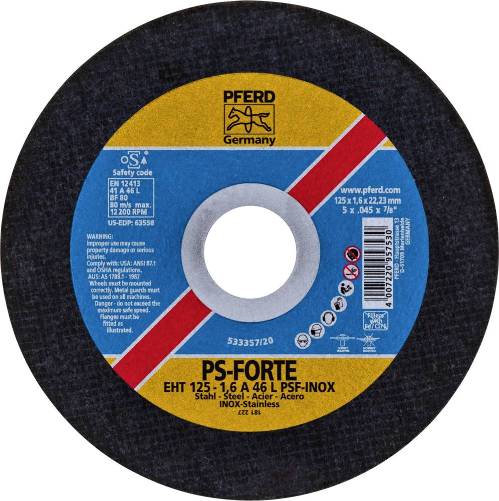 Disque à tronçonner de la marque Pferd, référence 'PS-FORTE', adapté pour l'acier et l'acier inoxydable, diamètre 125 mm, épaisseur 1,6 mm.