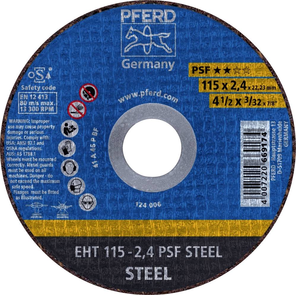 Disque à tronçonner 'PFERD Germany', 115x2,4 mm. Consignes de sécurité et avertissements sur le côté. Adapté pour l'usinage de l'acier.
