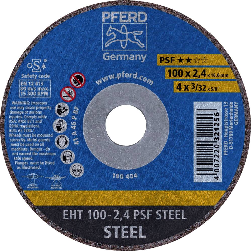 Disque à tronçonner de PFERD, 100 x 2,4 mm, pour acier, max. 80 m/s, 13 300 tr/min, avec consignes de sécurité et avertissements.