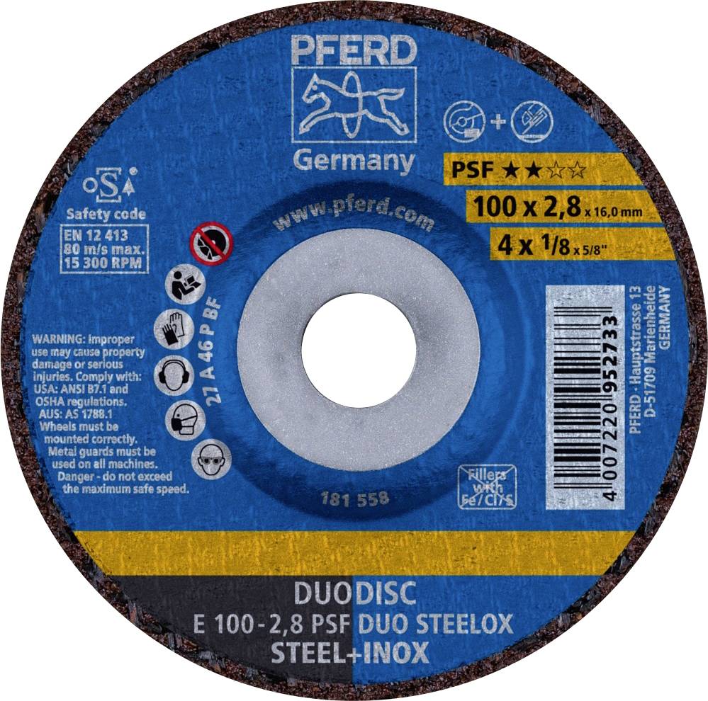 PFERD 62010632 E 100-2,8 PSF DUO STEELOX/16,0 Disque à ébarber à moyeu déporté Diamètre 100 mm Ø de perçage 16 mm acier
