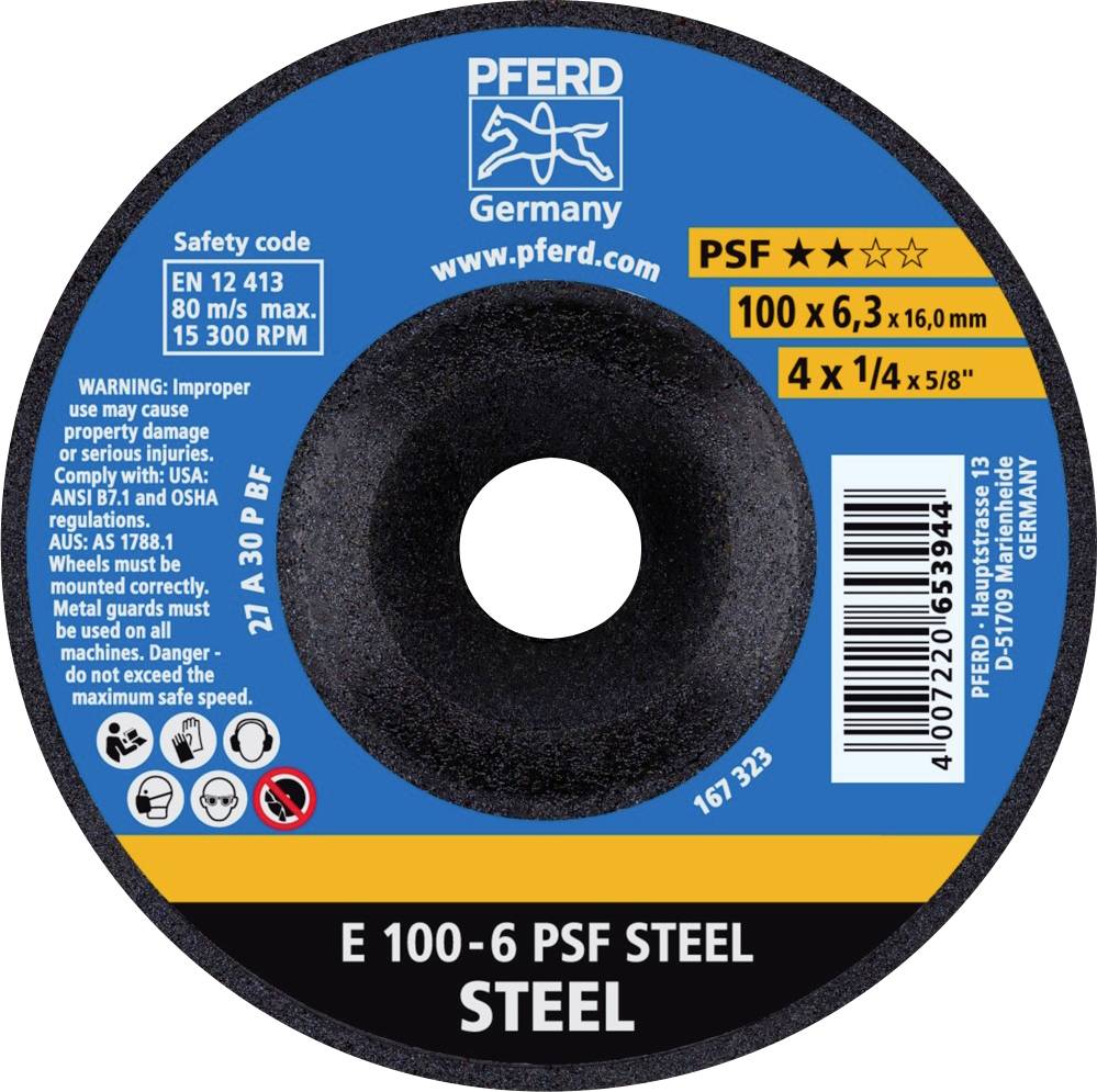 Disque à tronçonner 'PFERD' pour acier, diamètre 100 mm, épaisseur 6,3 mm, max. 15 300 tr/min, avec consignes de sécurité et avertissements.