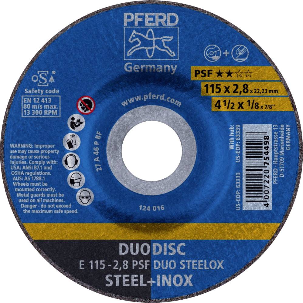 Disque à tronçonner pour cheval Allemagne, PSF 115 x 2,8 mm, adapté au métal/acier. Max 13300 tr/min, conforme à la norme EN 12413. Avec consignes de sécurité.