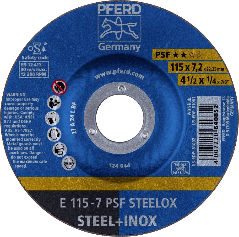 L'illustration montre un disque à tronçonner de la marque PFERD portant l'inscription 'E 115-7 PSF STEELOX STEEL+INOX'. Il convient pour l'usinage de l'acier.