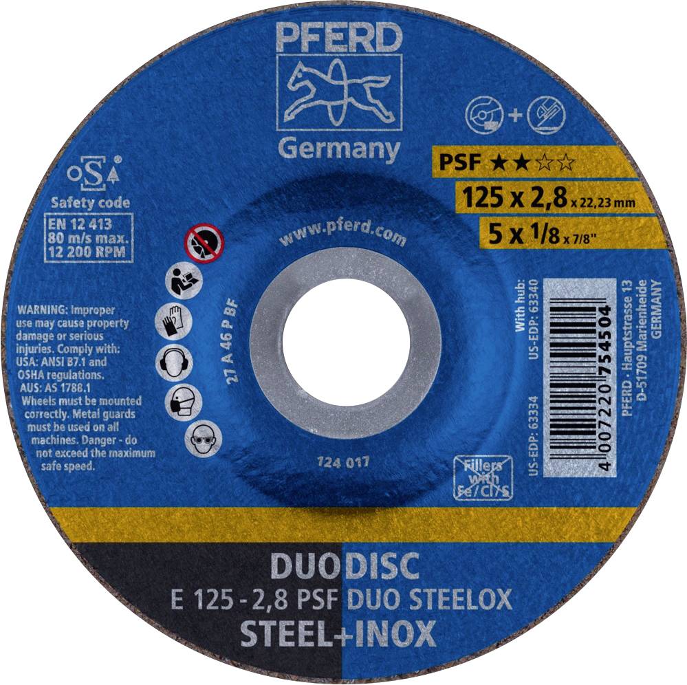 Disque à tronçonner de PFERD pour acier et acier inoxydable, modèle PSF Duo SteeLox, taille 125x2,8 mm, vitesse maximale 12.200 tr/min, code de sécurité EN 12413.
