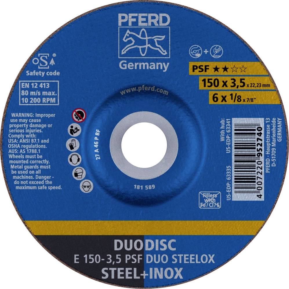Disque de coupe 'PFERD Germany' pour acier et acier inoxydable, diamètre 150 mm, épaisseur 3,5 mm, vitesse maximale 10 200 tr/min, certifié EN 12413.