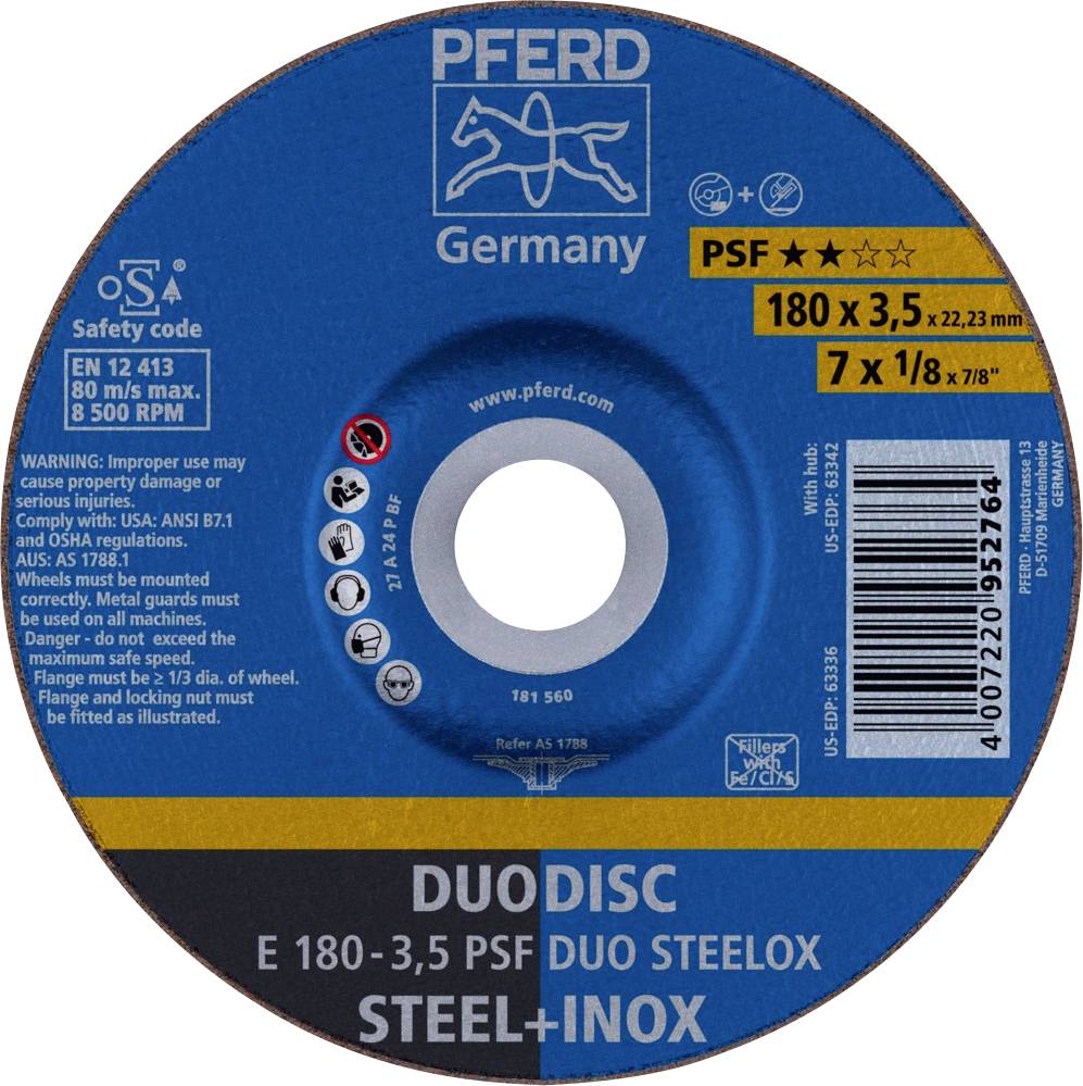 Étiquette d'un disque à tronçonner de PFERD pour acier et inox, diamètre 180 mm, vitesse de rotation maximale 8 500 tr/min, informations de sécurité et du fabricant.