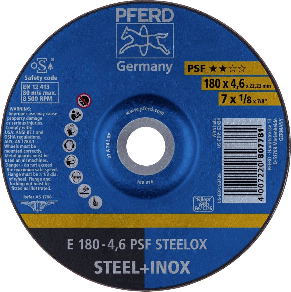 Étiquette bleue pour disque abrasif avec logo de l'entreprise 'PFERD Germany'. Spécifications : 180x4,6x22,23 mm, 80 m/s, 8500 tr/min, 'STEEL+INOX'. Avertissements de sécurité.