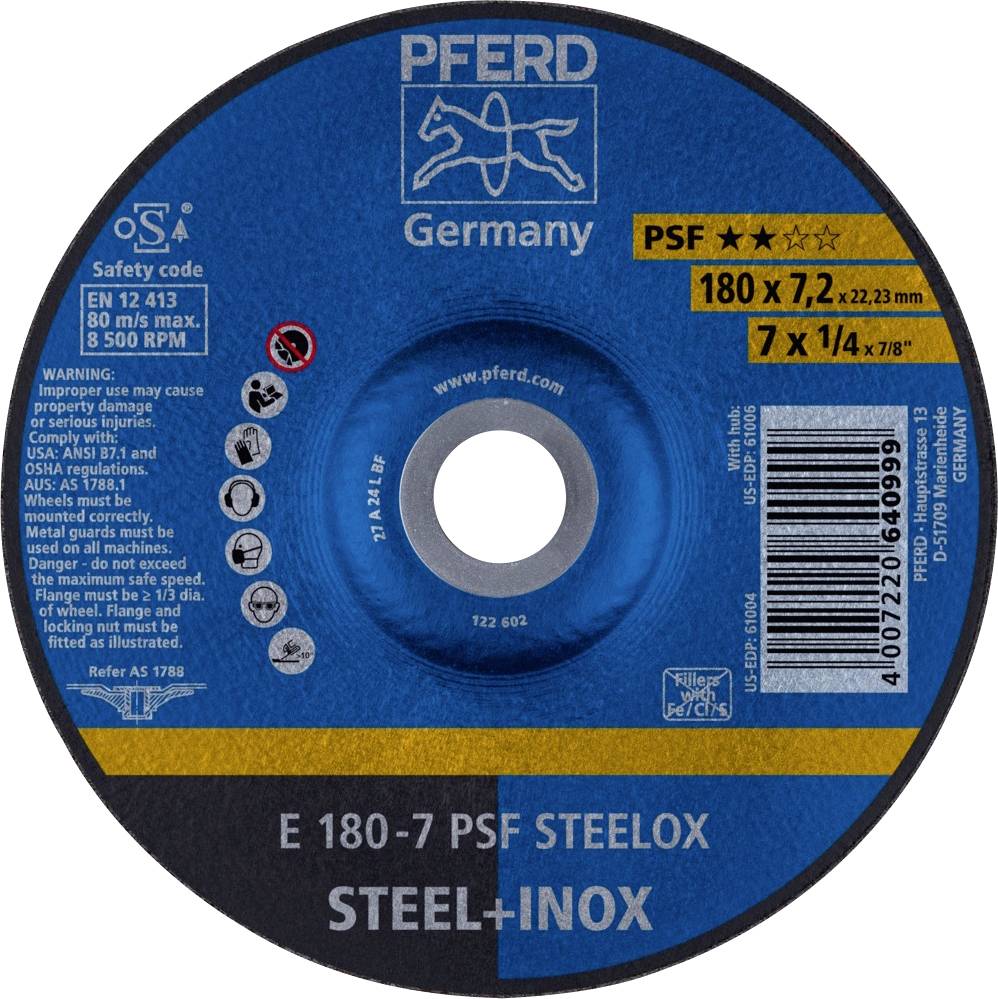 Disque abrasif 'Pferd Germany' pour acier et acier inoxydable, diamètre 180 mm, vitesse de rotation maximale 8 500 tr/min, avec avertissements et normes de sécurité imprimés.