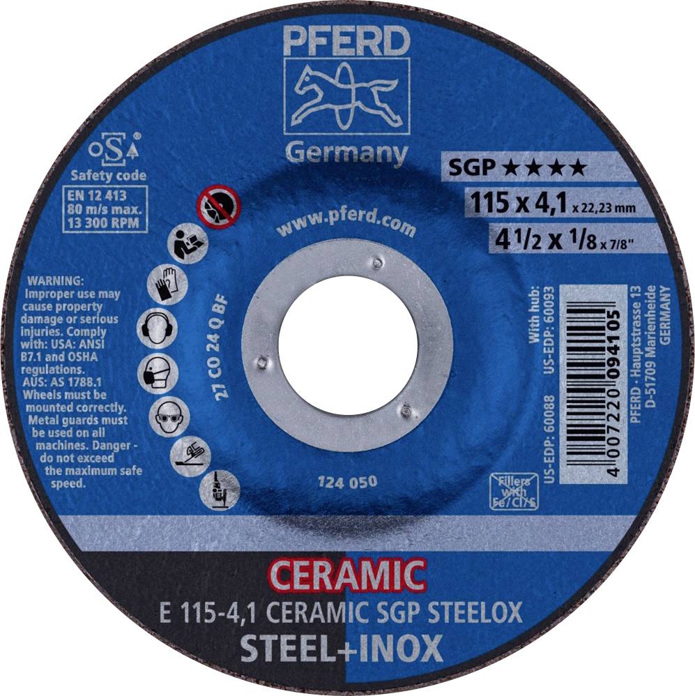 Disque à tronçonner de la marque 'Pferd Germany' avec revêtement céramique pour acier et inox, dimensions : 115 x 4,1 mm. Avertissements et données de sécurité.