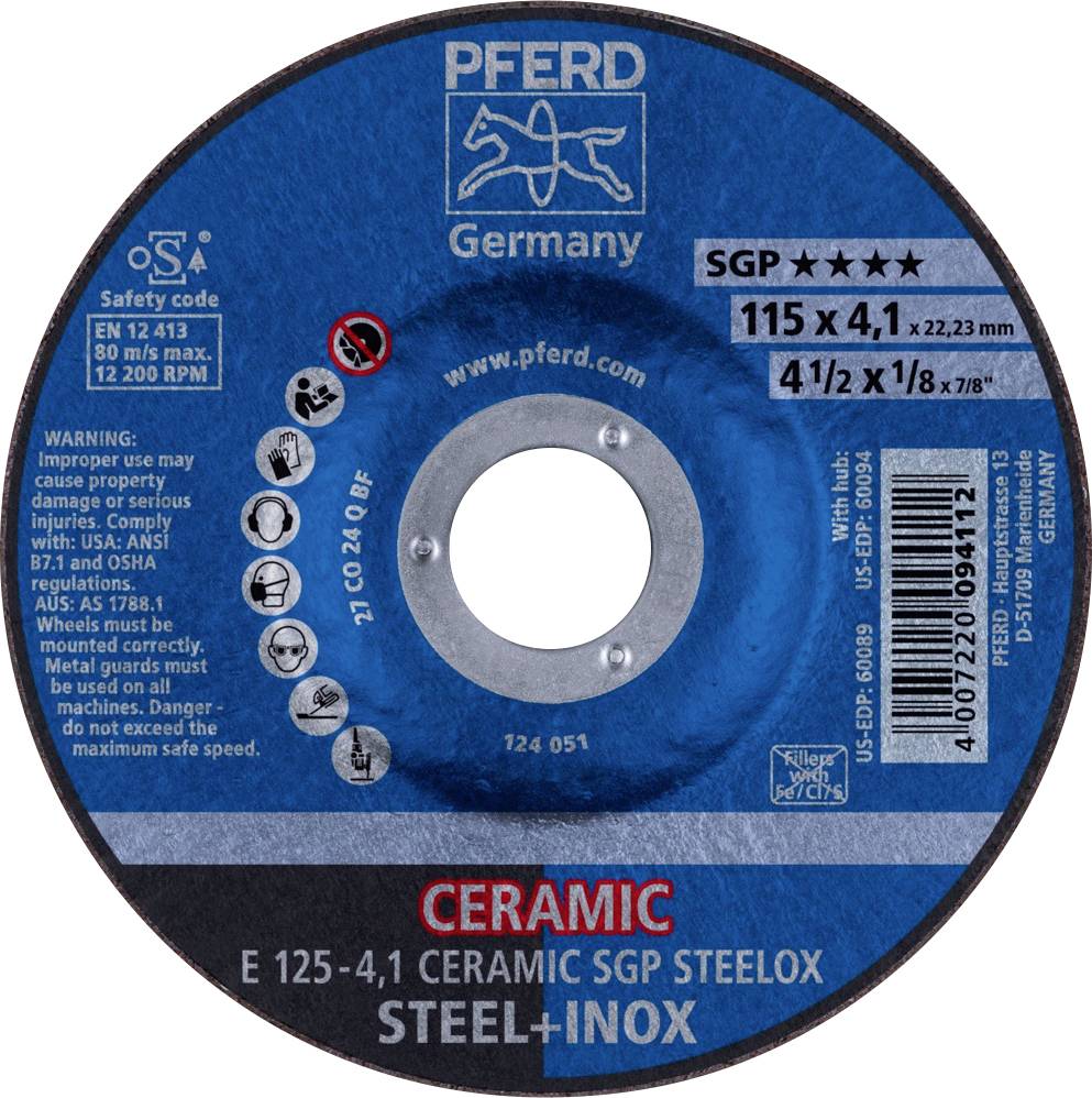 PFERD 62100125 E 125-4,1 CERAMIC SGP STEELOX Disque à ébarber à moyeu déporté Diamètre 125 mm Ø de perçage 22.23 mm acier