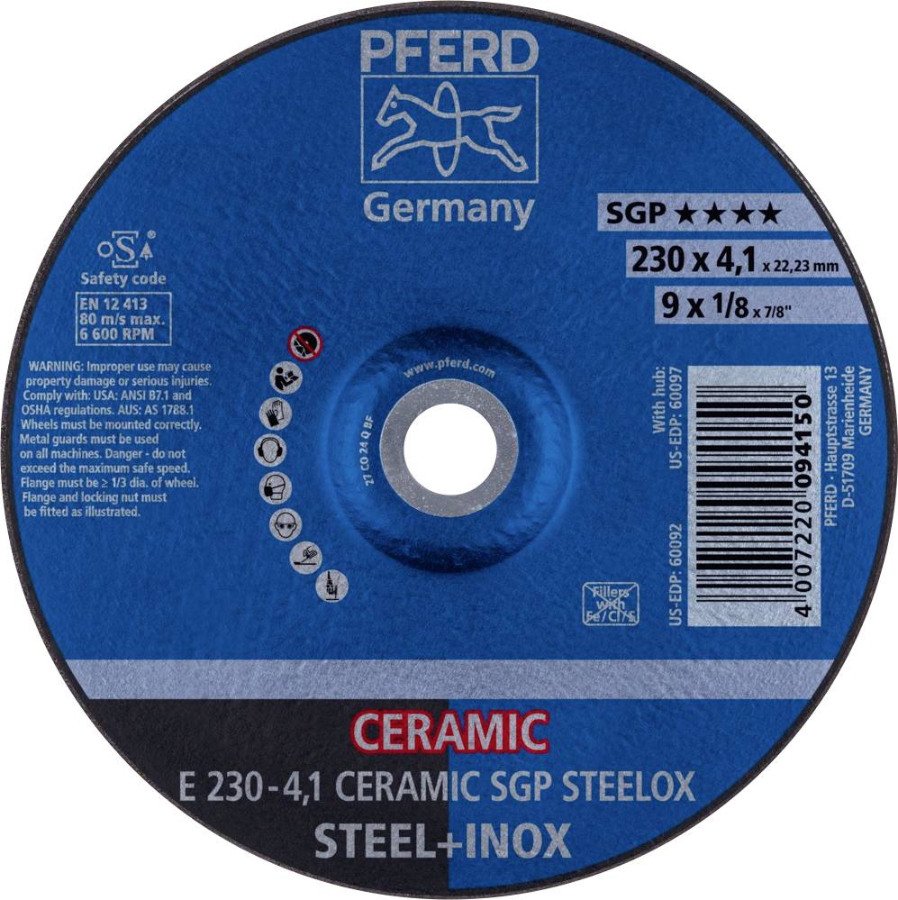 Un disque à tronçonner bleu portant l'inscription 'PFERD Germany'. Dimensions : 230 x 4,1 x 22,23 mm, adapté pour l'acier et l'inox.