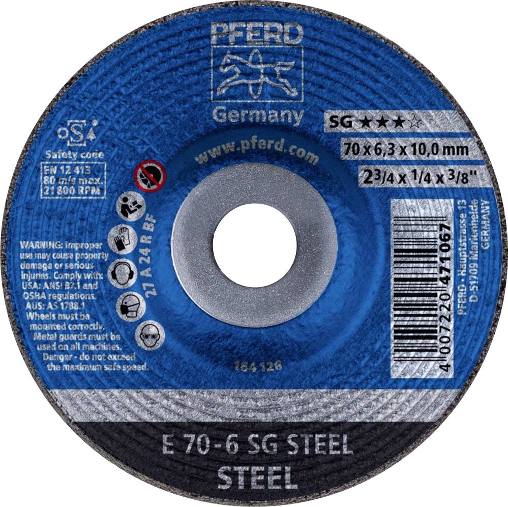 Disque à tronçonner portant l'inscription 'Pferd Germany'. Diamètre : 70x6,3x10,0 mm, adapté pour l'acier. Consignes de sécurité et informations du fabricant.