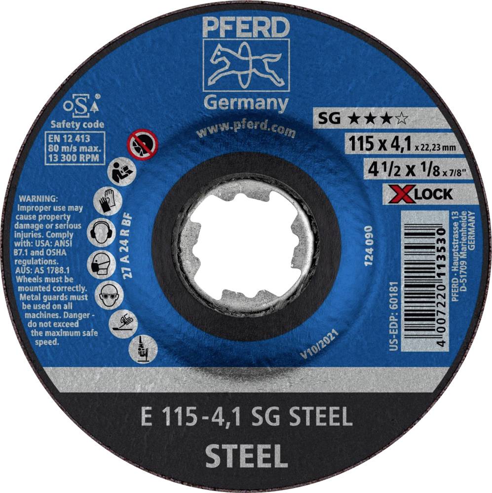 PFERD 62211115 E 115-4,1 SG STEEL/X-LOCK Disque à ébarber à moyeu déporté 115 mm 22.23 mm 10 pc(s)