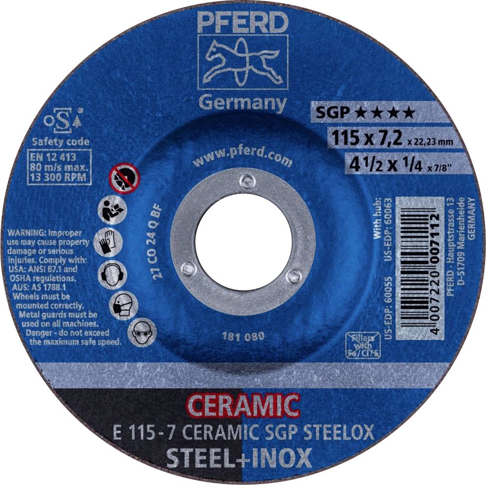 Disque à tronçonner portant l'inscription 'PFERD Germany Ceramic SGP', diamètre 115 mm, adapté pour l'acier et l'inox, vitesse maximale 13 300 tr/min.