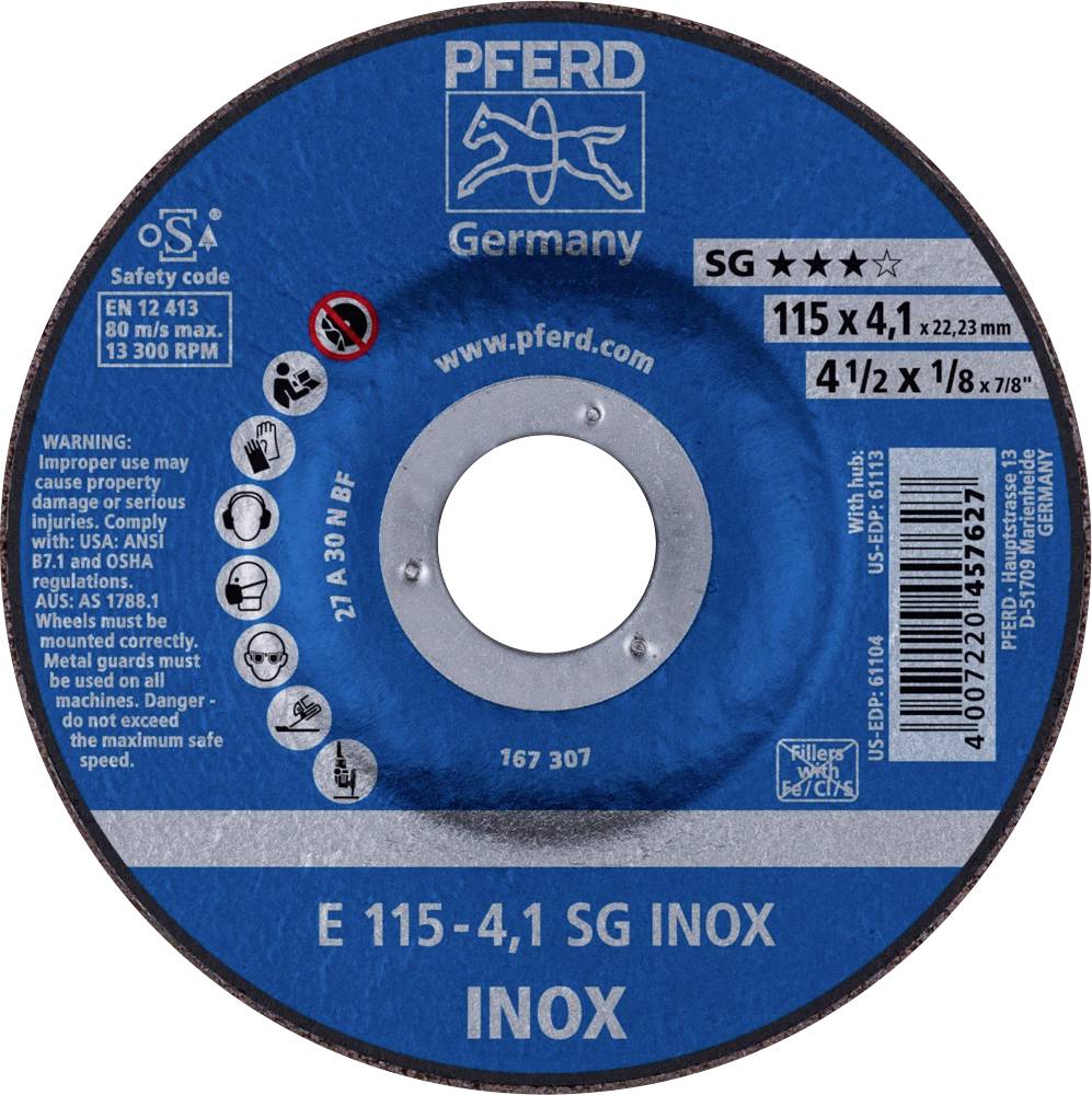 Disque à tronçonner avec logo de cheval et inscription 'PFERD Germany'. Spécifications : 115 x 4,1 mm SG INOX, informations de sécurité et avertissements.