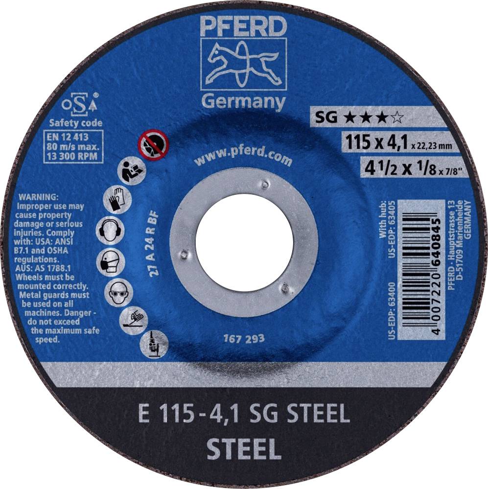 Disque à meuler de la marque 'Pferd' pour acier, diamètre 115 mm, épaisseur 4,1 mm, consignes de sécurité et avertissements sur la face avant.