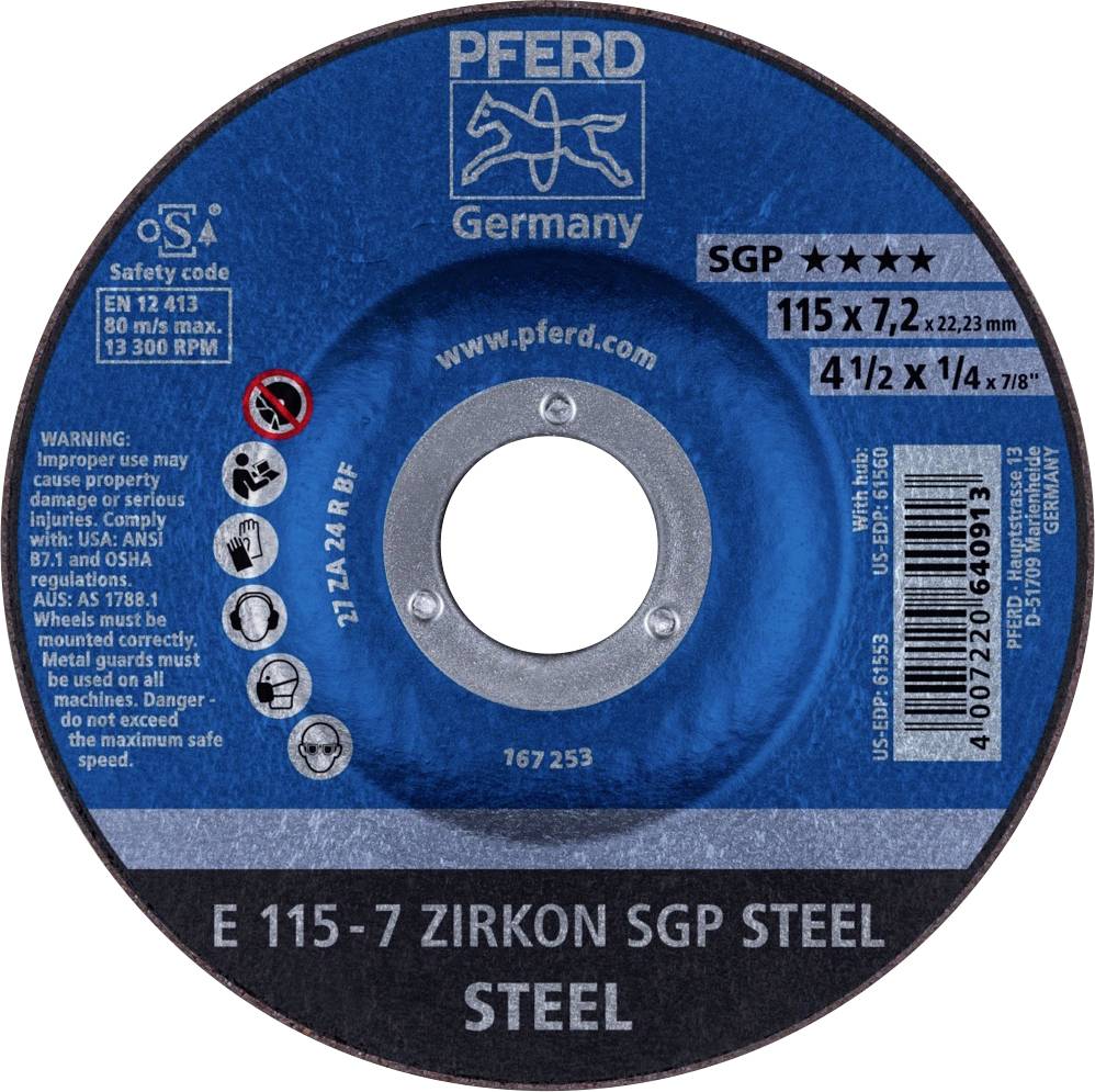 'Disque à meuler de la marque PFERD Germany, modèle E 115-7 ZIRKON SGP, pour l'usinage de l'acier. Dimensions : 115 x 7,2 x 22,23 mm.'