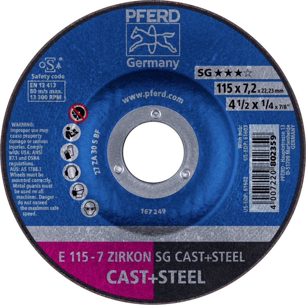 PFERD 62211747 E 115-7 ZIRKON SG CAST+STEEL Disque à ébarber à moyeu déporté Diamètre 115 mm Ø de perçage 22.23 mm Fonte grise/ à