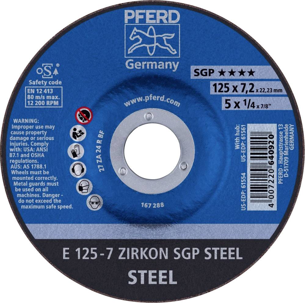 PFERD 62212737 E 125-7 ZIRKON SGP STEEL Disque à ébarber à moyeu déporté Diamètre 125 mm Ø de perçage 22.23 mm acier 10 pc(s)